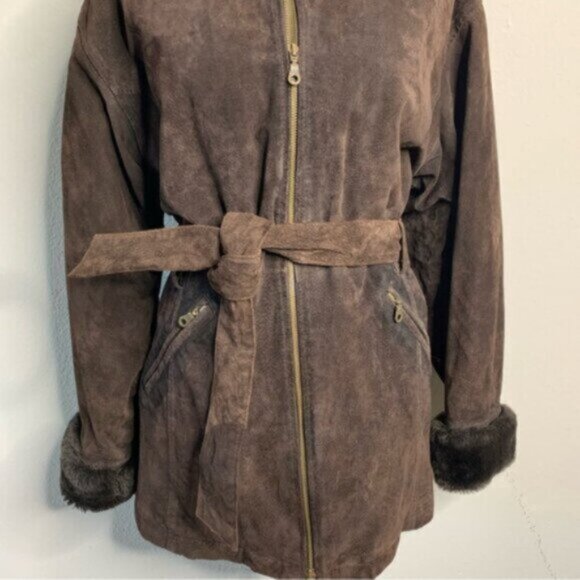 Wilsons Leather Brown Faux Fur Collar Cuffs Suede Leather Coat - Picture 10 of 17